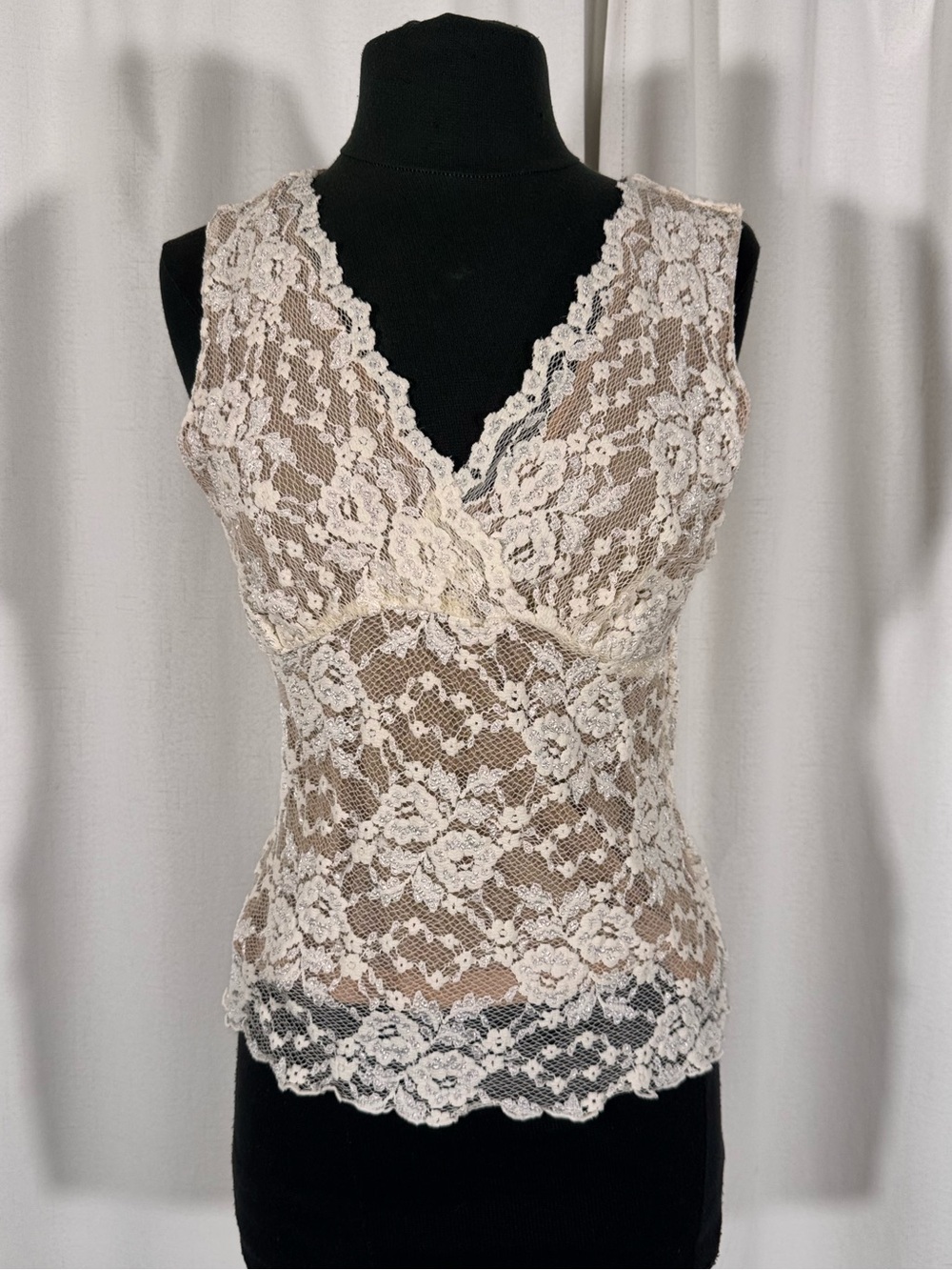 Cabi Ivory Floral Lace V Neck Top
